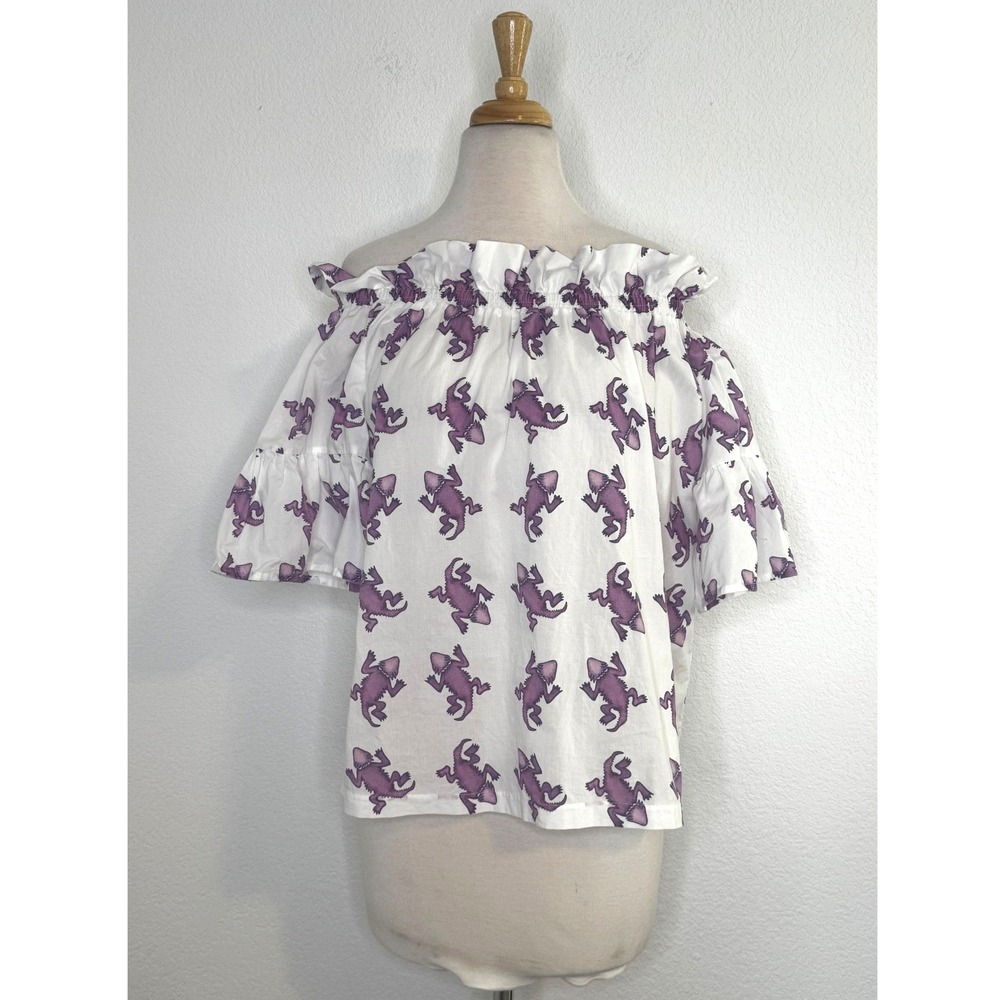 Brooke Wright Womens TCU Horned Frog Off Shoulder Top Size M Purple White Cotton